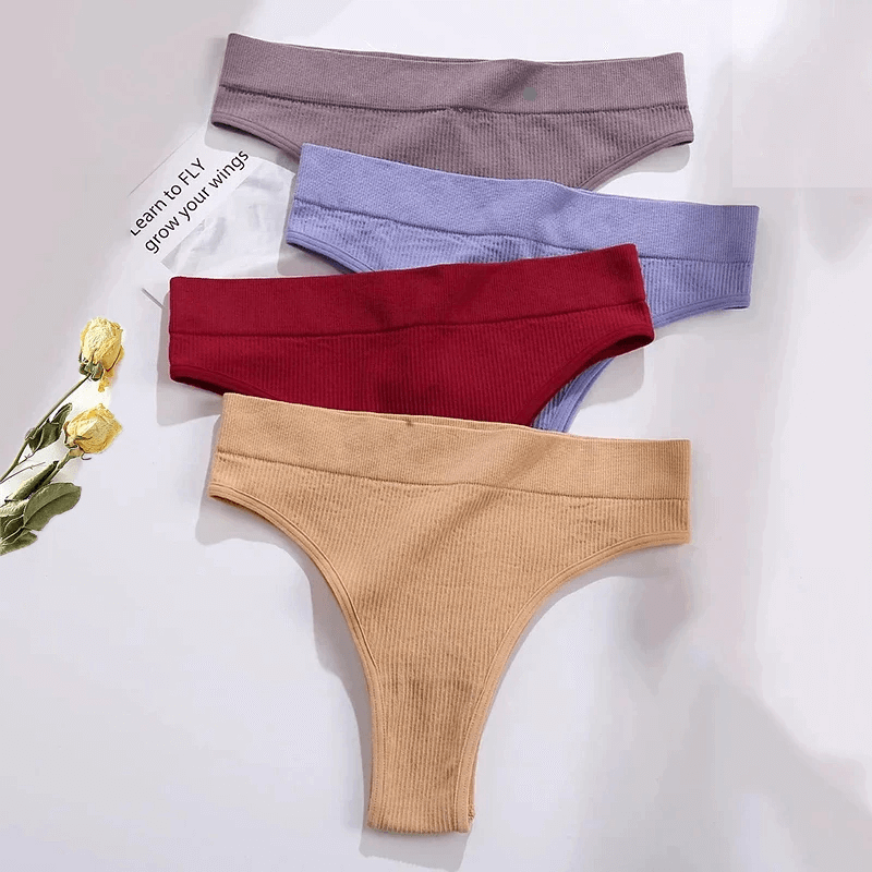 Stylish seamless G-strings in purple, blue, red, and beige, showcasing sleek design and comfortable fit for chic daily wear.